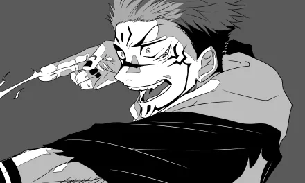 Black and white 8K Ultra HD anime wallpaper featuring Sukuna from Jujutsu Kaisen with intense expression and dynamic pose, designed for PC desktop backgrounds.