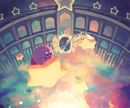 HD PC desktop wallpaper featuring Kirby from the video game, floating on a star in a colorful, dreamy arena with soft lighting and whimsical atmosphere.
