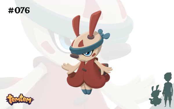 HD wallpaper featuring a character from the video game Temtem, showcasing a whimsical creature with a playful design. The background includes subtle silhouettes for added depth.