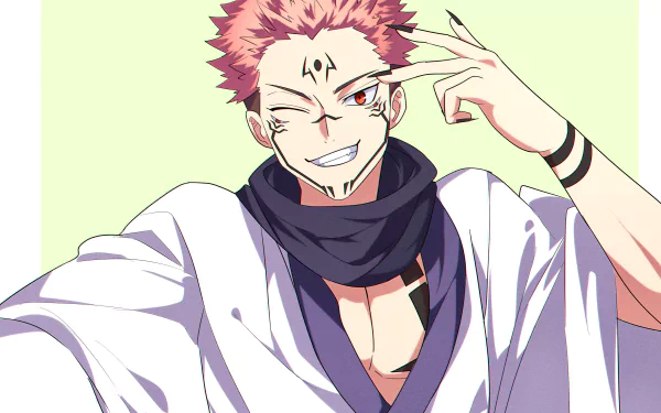 HD PC desktop wallpaper featuring Sukuna from the anime Jujutsu Kaisen, showcasing his confident expression and distinctive markings.