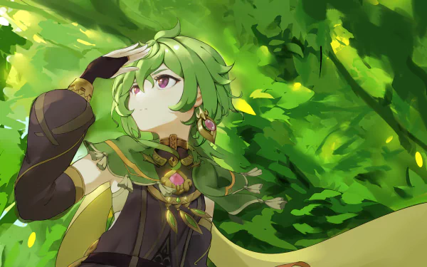Collei (Genshin Impact) in a sunlit green forest, framed by leaves — HD PC desktop wallpaper showcasing the video game character.