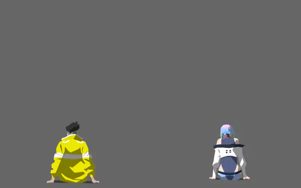Minimalist HD PC desktop wallpaper featuring two anime characters from Cyberpunk: Edgerunners, sitting with backs turned against a solid gray background.