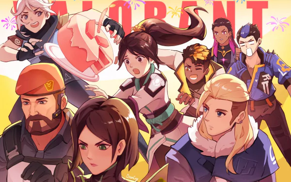 HD Valorant desktop wallpaper featuring stylized artwork of agents Sage, Sova, Viper, Brimstone, and Jett from the video game.