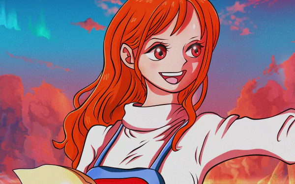 Nami from One Piece in a vibrant, high-definition desktop wallpaper setting.