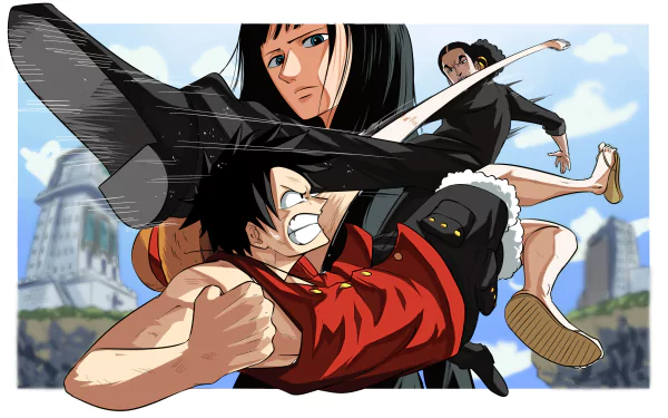 HD anime desktop wallpaper featuring One Piece characters Monkey D. Luffy, Nico Robin, and Aokiji in dynamic action poses against a bright sky backdrop.