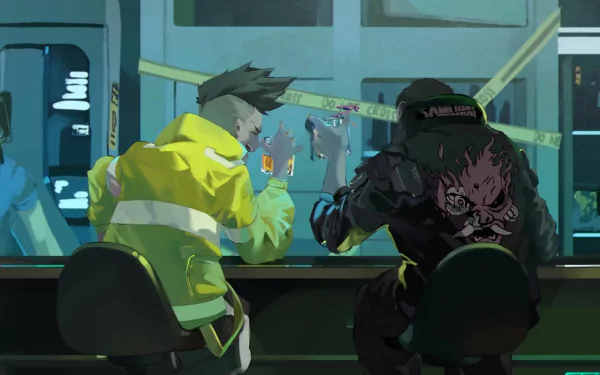HD PC desktop wallpaper featuring V from Cyberpunk 2077 and David from Cyberpunk: Edgerunners in an anime-style cyberpunk setting.