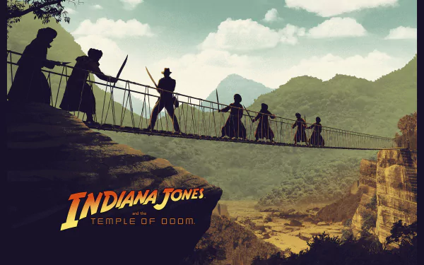 HD desktop wallpaper featuring a silhouetted scene from the movie Indiana Jones and the Temple of Doom, with characters crossing a rope bridge over a deep canyon.
