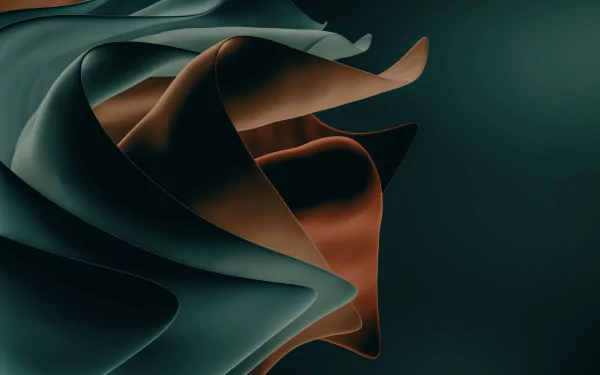 Abstract 4K Ultra HD desktop wallpaper featuring flowing shapes in teal and copper tones, designed for Windows 11 technology backgrounds.