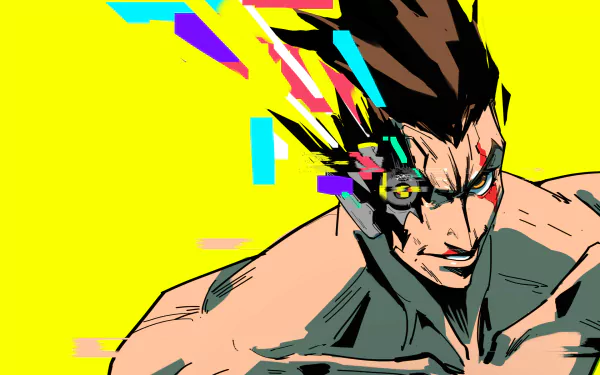 HD anime wallpaper featuring David from Cyberpunk: Edgerunners with glitch effects and vibrant colors on a bright yellow background.