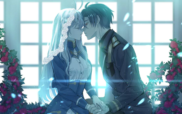 Vladilena Milizé and Shinei Nouzen from the anime Eighty Six share a close moment, set against a bright window with roses framing the HD PC desktop wallpaper.