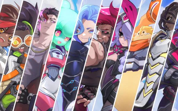 HD Omega Strikers characters desktop wallpaper showcasing animated players in dynamic poses for gaming background.