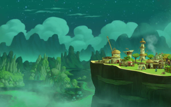 A vibrant HD wallpaper from the video game The Wandering Village, showcasing a whimsical village perched atop a cliff, surrounded by lush greenery and dramatic clouds.
