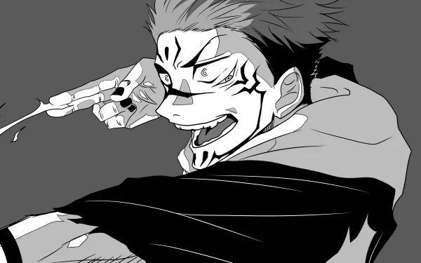 Black and white 8K Ultra HD anime wallpaper featuring Sukuna from Jujutsu Kaisen with intense expression and dynamic pose, designed for PC desktop backgrounds.