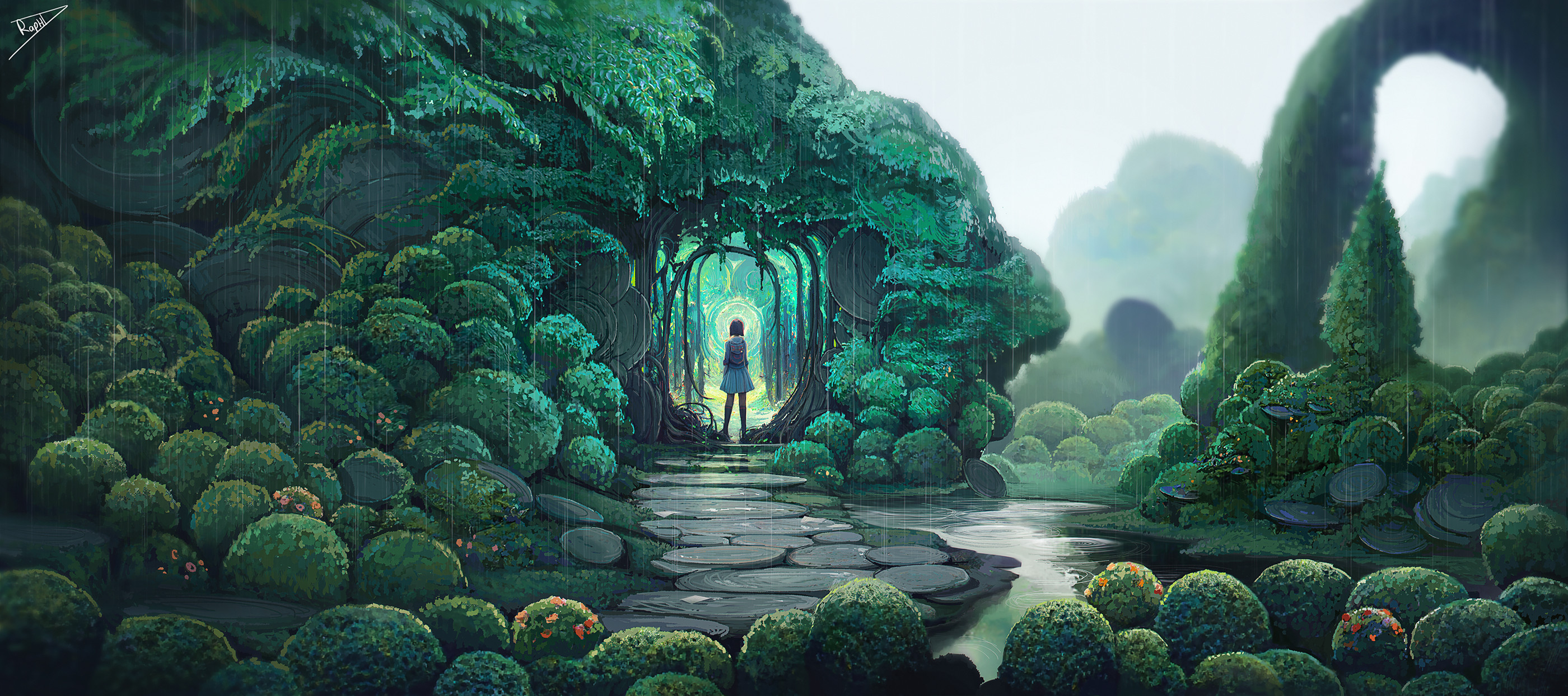 Enchanting HD desktop wallpaper featuring a mystical portal within a lush, green forest pathway, ideal for a magical background theme.