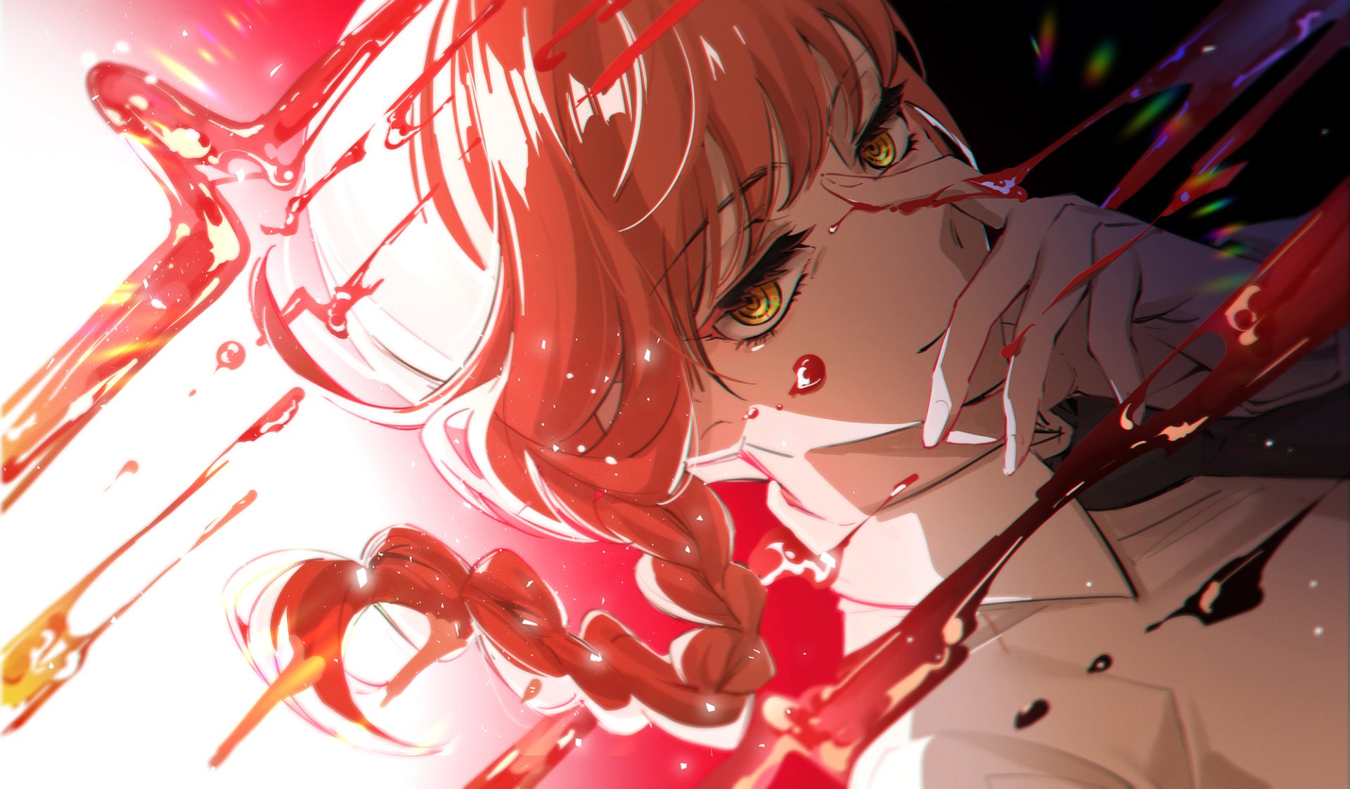 HD anime desktop wallpaper featuring Makima from Chainsaw Man with intense eyes and vibrant red tones blending dynamic shadows and light.