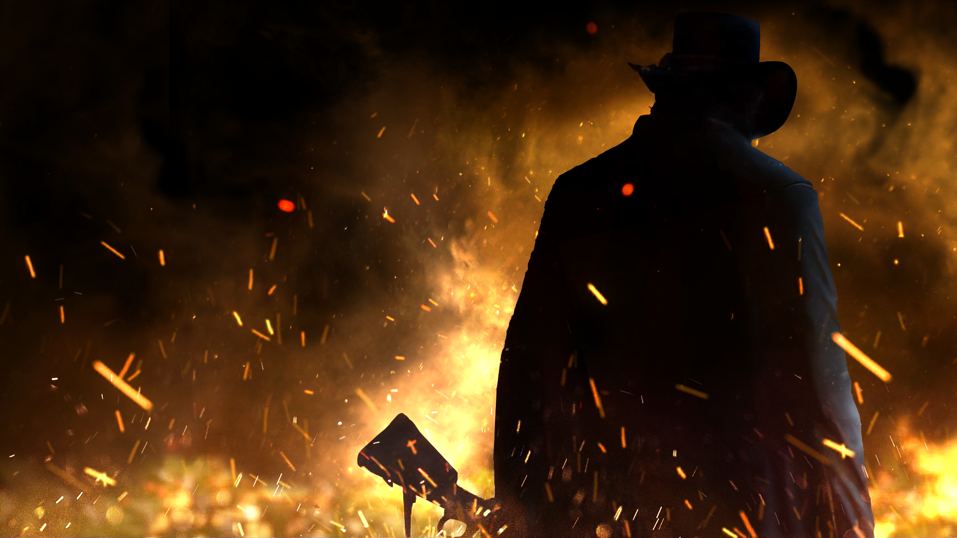 HD PC desktop wallpaper featuring a shadowed cowboy silhouette against a fiery backdrop from the video game Red Dead Redemption 2.