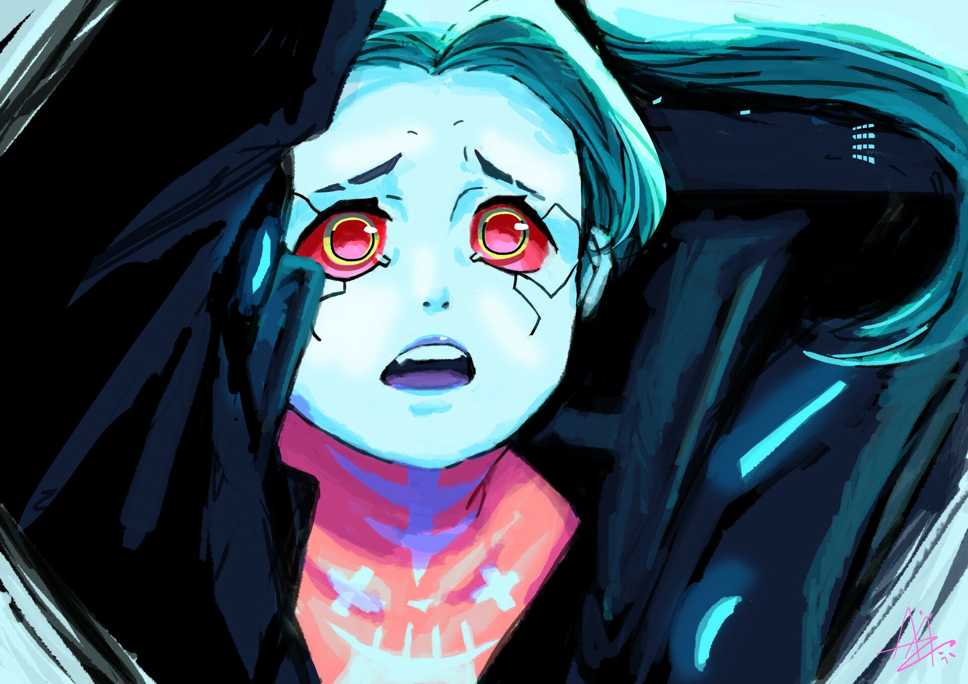 HD PC desktop wallpaper of Rebecca (Cyberpunk: Edgerunners): anime-style teal-haired girl with glowing pink eyes, terrified expression, clutching her face against a dark cyberpunk backdrop.