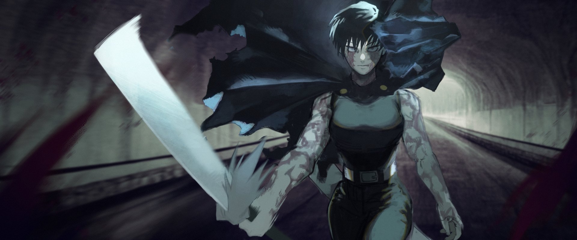 HD anime desktop wallpaper featuring Maki Zenin from Jujutsu Kaisen, showcasing her intense expression and dynamic pose with a large sword in a dark tunnel.