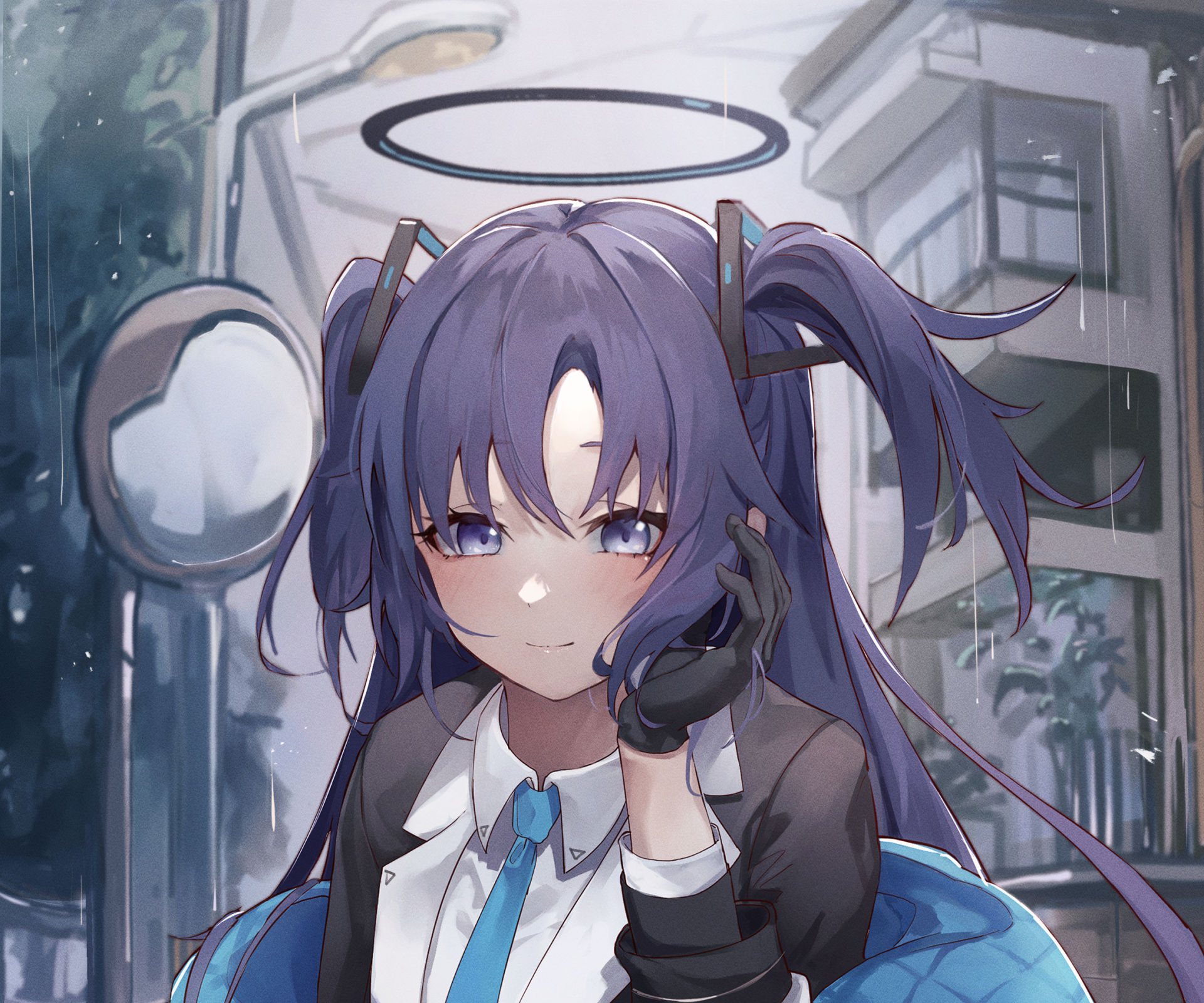 Hayase Yuuka from Blue Archive, HD PC desktop wallpaper: purple twin‑tails with headset and glove, school uniform with blue tie, calm smile against a rainy city window background.