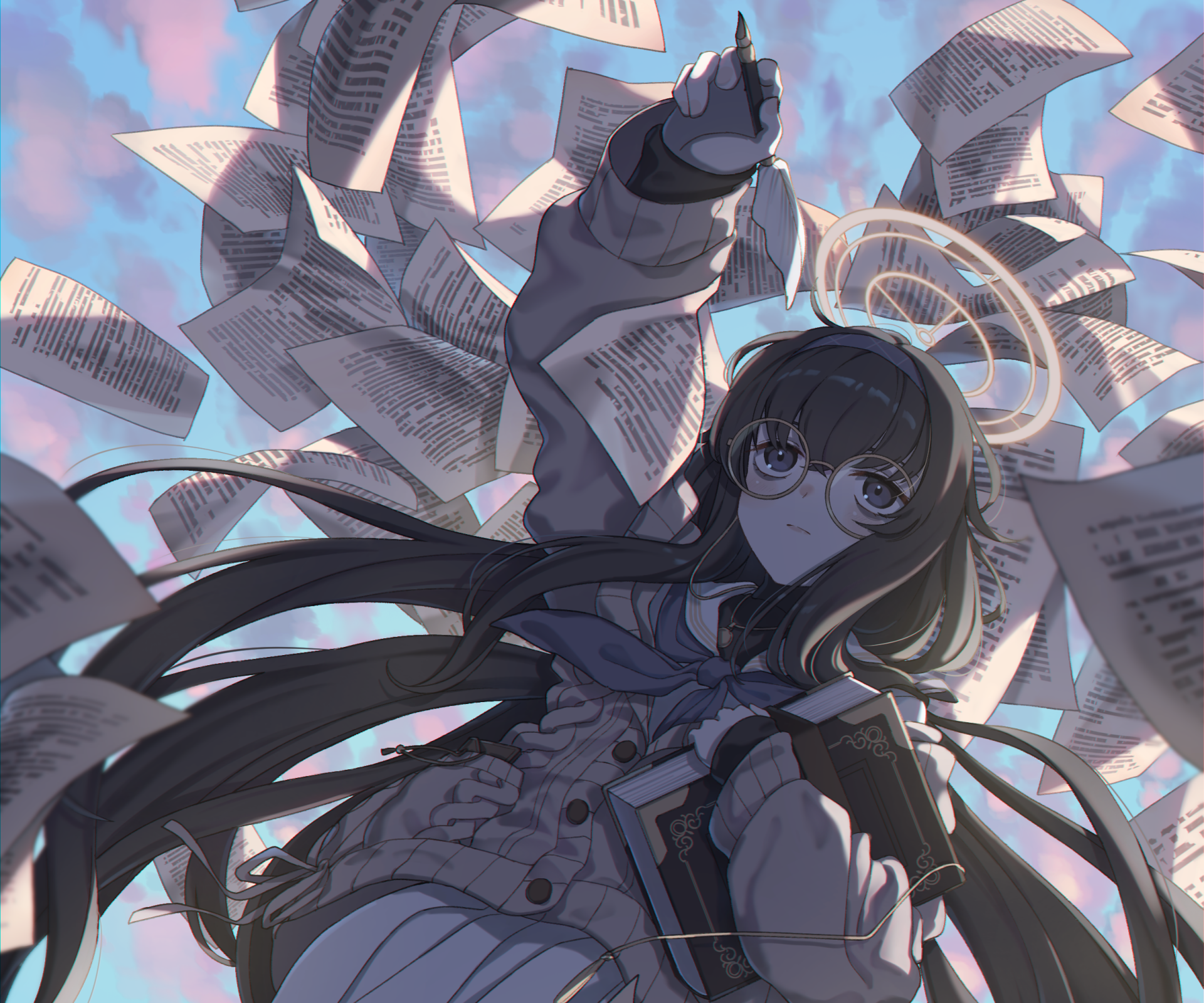 Kozeki Ui from the video game Blue Archive as an HD PC desktop wallpaper: long-haired, glasses-wearing schoolgirl with halo, surrounded by swirling papers against a pastel sky.