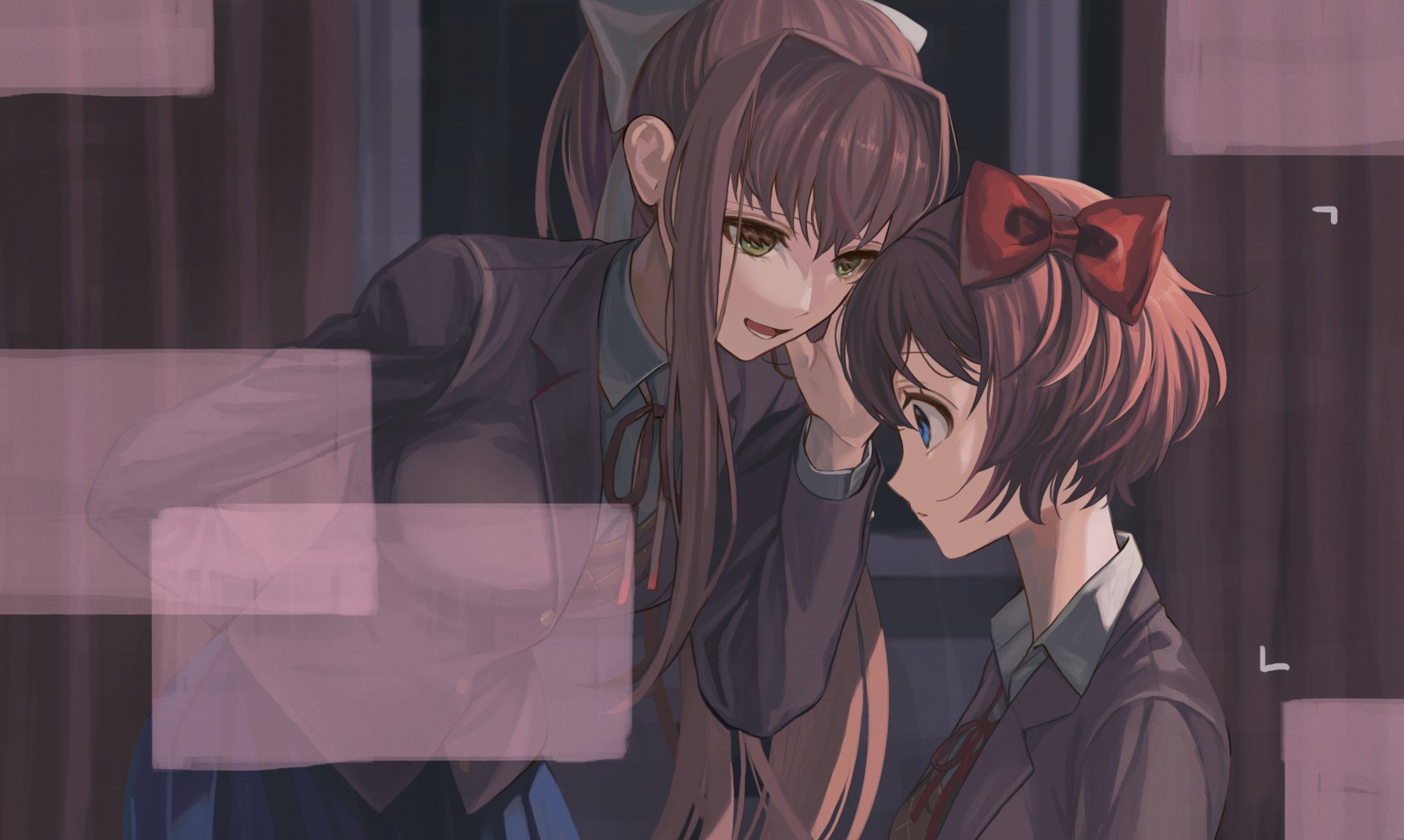 2K Quad HD PC wallpaper of Monika and Sayori from the video game Doki Doki Literature Club! — Monika leans close to a seated Sayori, soft lighting and glitchy pink overlays.