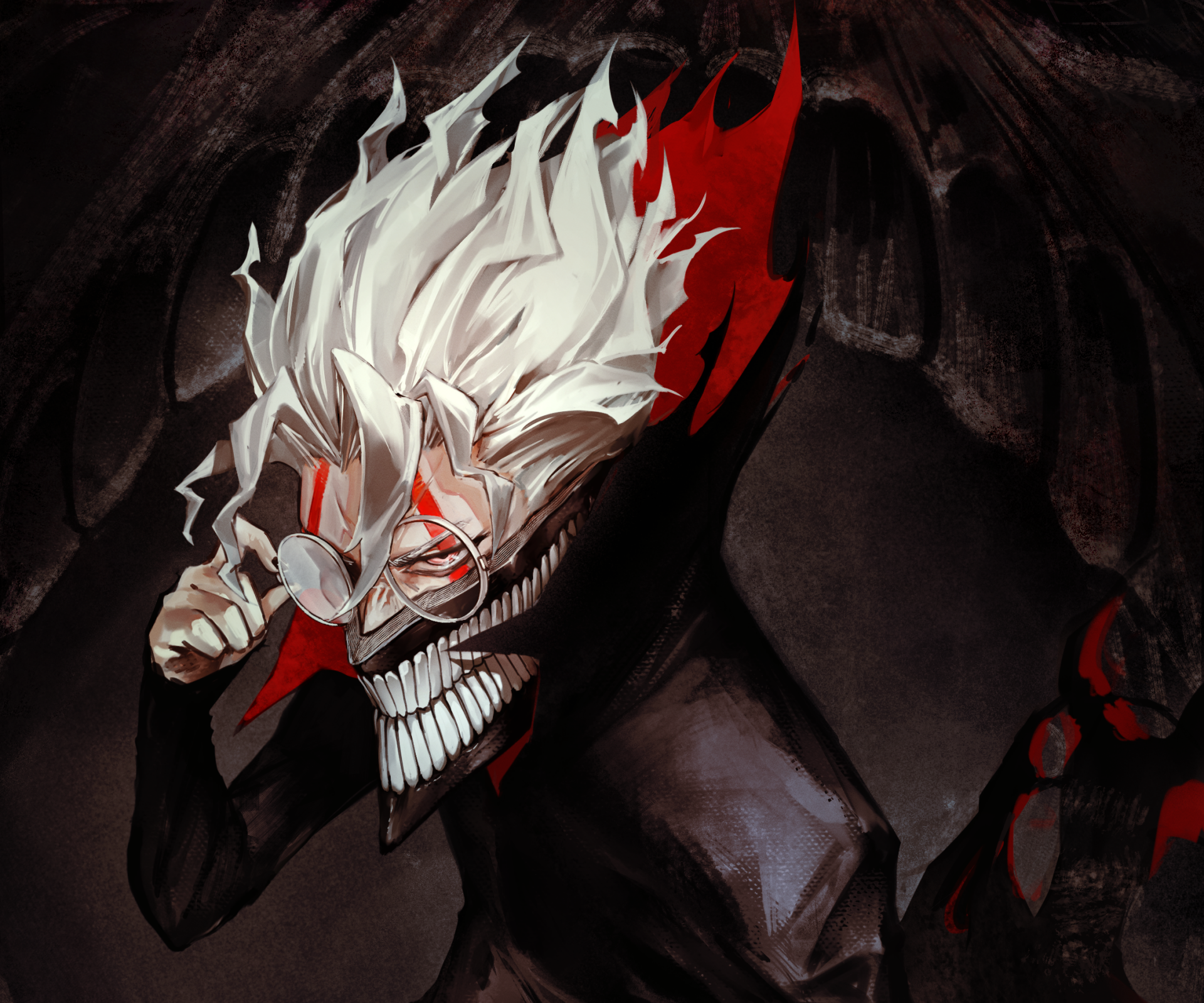 HD anime desktop wallpaper featuring a dark, menacing character with white hair, glasses, and a skeletal grin, inspired by Dandadan and Ken Takakura.