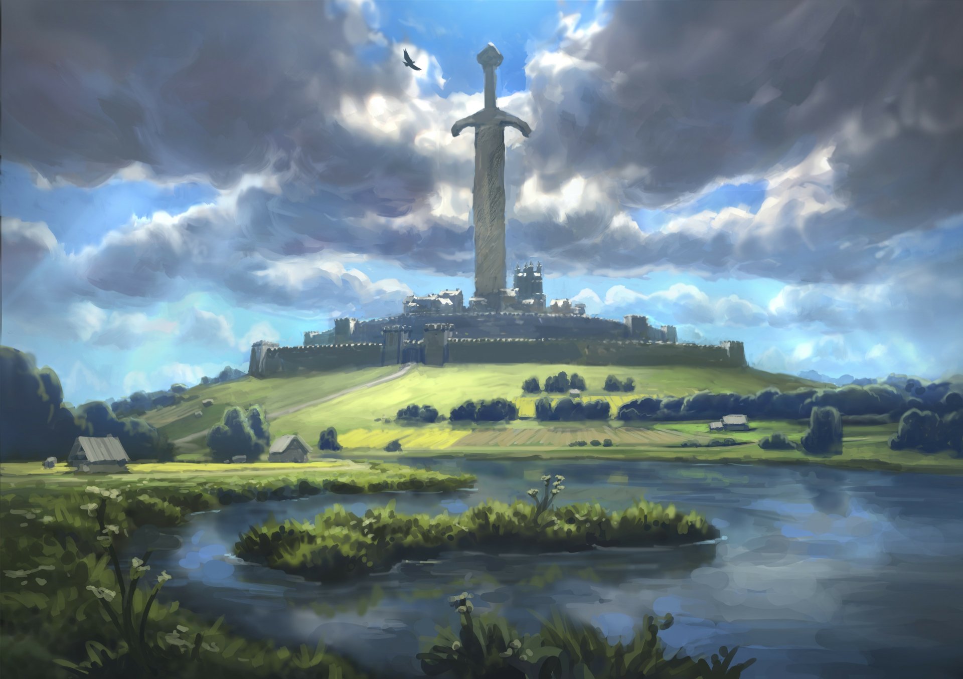 4K Ultra HD PC desktop wallpaper — a fantasy city atop a grassy hill crowned by a colossal sword monument, with reflective wetlands and brooding clouds.