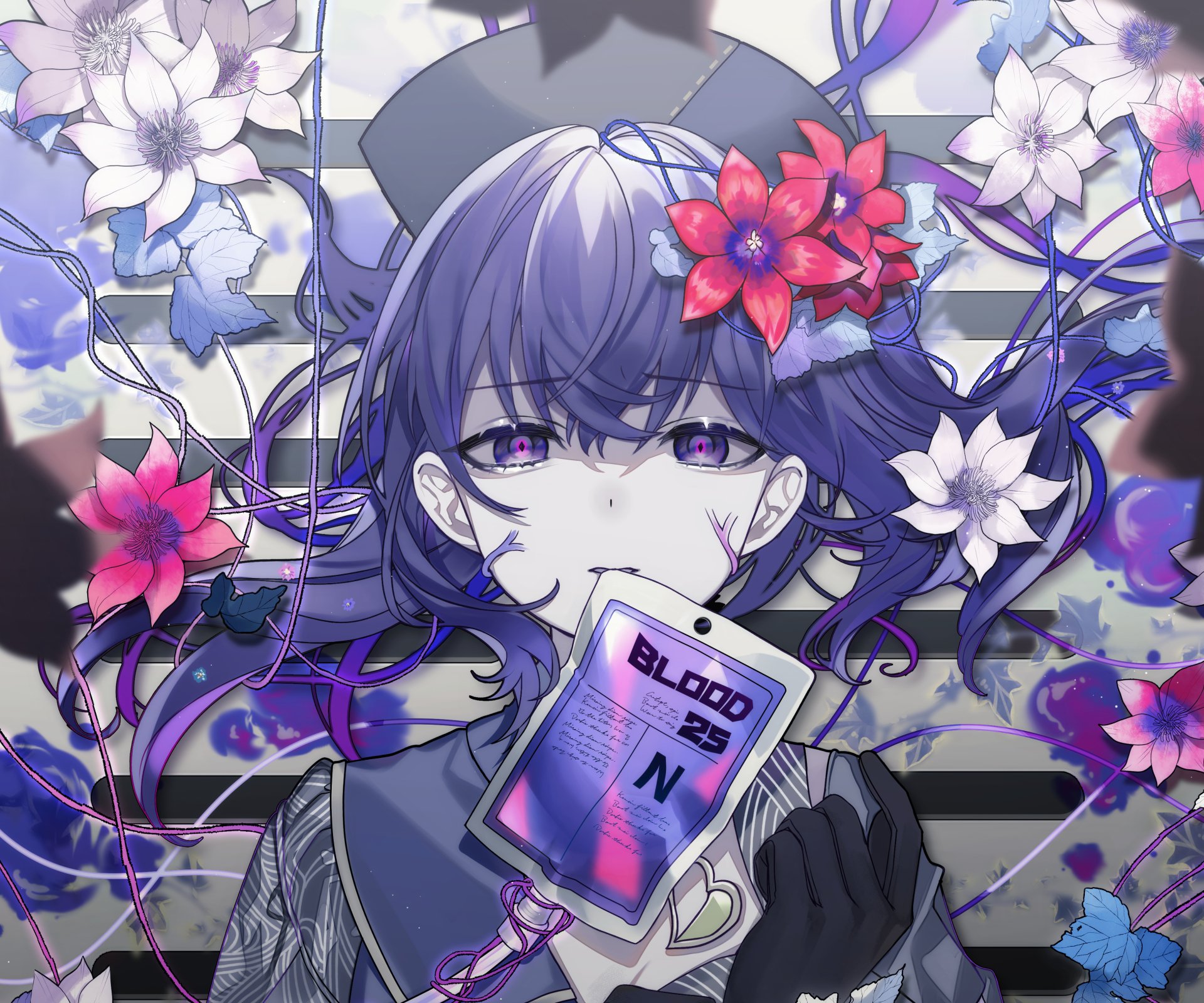 HD PC desktop wallpaper featuring Asahina Mafuyu from the video game Project Sekai: Colorful Stage! feat. Hatsune Miku, surrounded by vibrant purple and white flowers.