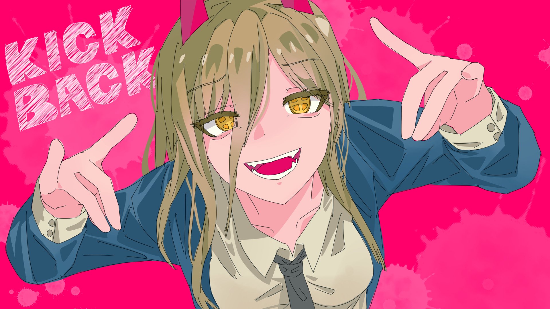 4K Ultra HD PC desktop wallpaper of Power (Chainsaw Man): anime portrait, grinning with horns and golden eyes, school uniform and tie, hands framing her face on a hot pink background reading Kick Back