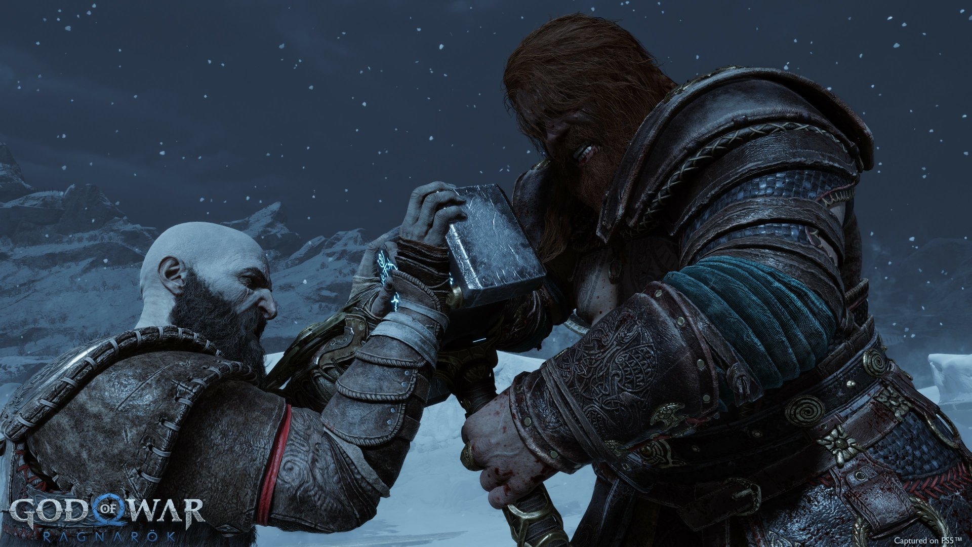 Kratos from God of War: Ragnarök grips an enemy's arm in a snowy battle scene, captured in detailed 4K Ultra HD PC wallpaper quality.