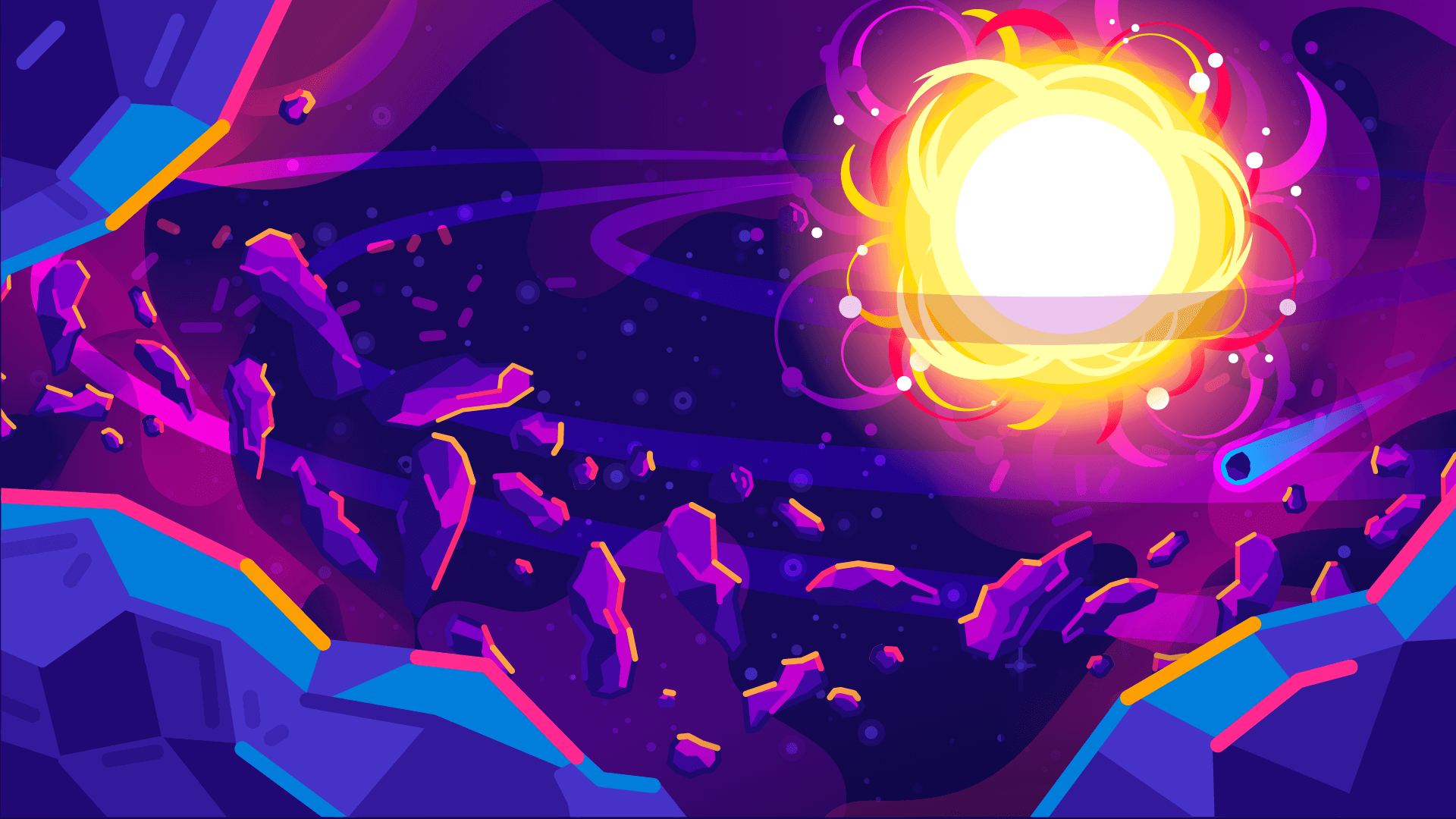 Sci-fi space HD PC desktop wallpaper and background: vibrant purple asteroid field framed by an angular ship hull, a glowing sun with neon rings and a starry cosmic expanse.