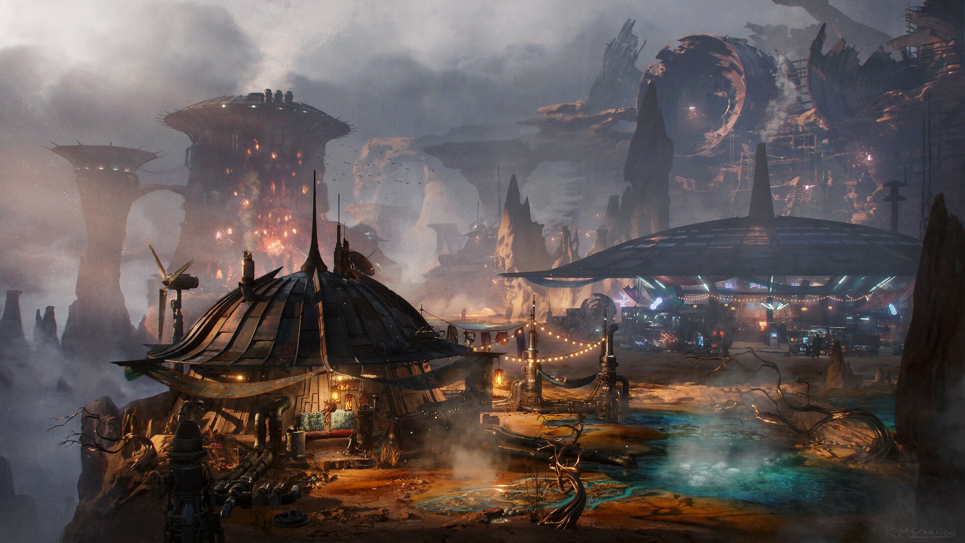 HD PC desktop wallpaper and background: a moody fantasy city — lantern-lit market domes, steaming pools and winding streets beneath towering spires and distant ringed ruins under stormy skies.