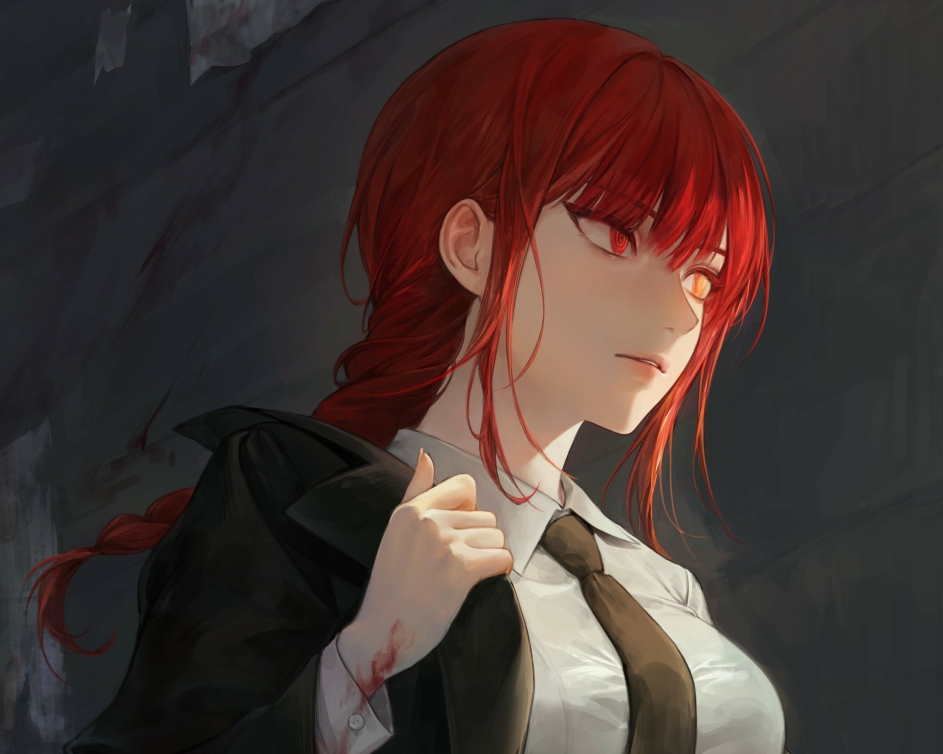HD PC desktop wallpaper and background: Makima (Chainsaw Man) anime portrait — red hair and intense gaze, black suit and tie against a moody, painterly backdrop.