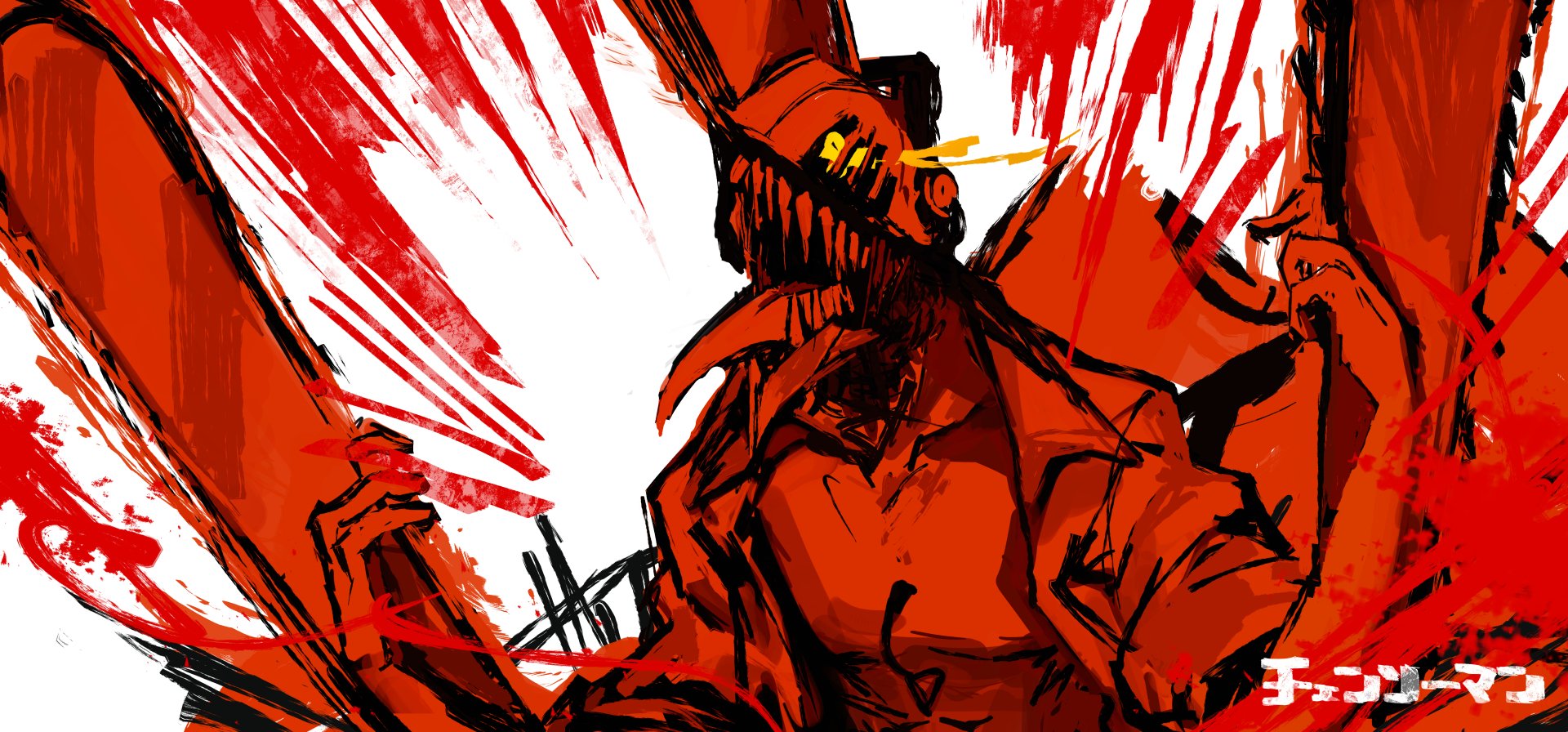 4K Ultra HD anime desktop wallpaper featuring Denji from Chainsaw Man in a dynamic, blood-splattered action pose.