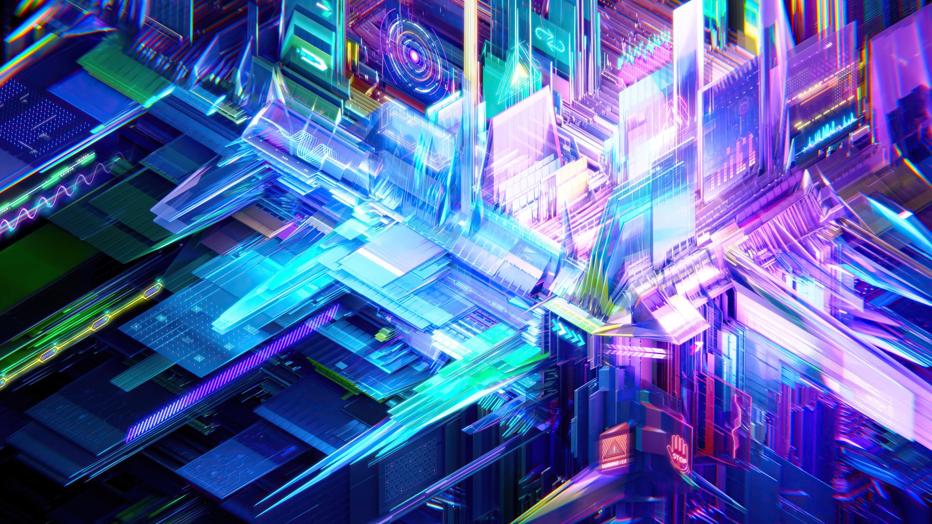 Abstract neon light landscape of intersecting blue, purple and teal geometric planes with crystalline, futuristic depth — 4K Ultra HD PC desktop wallpaper.