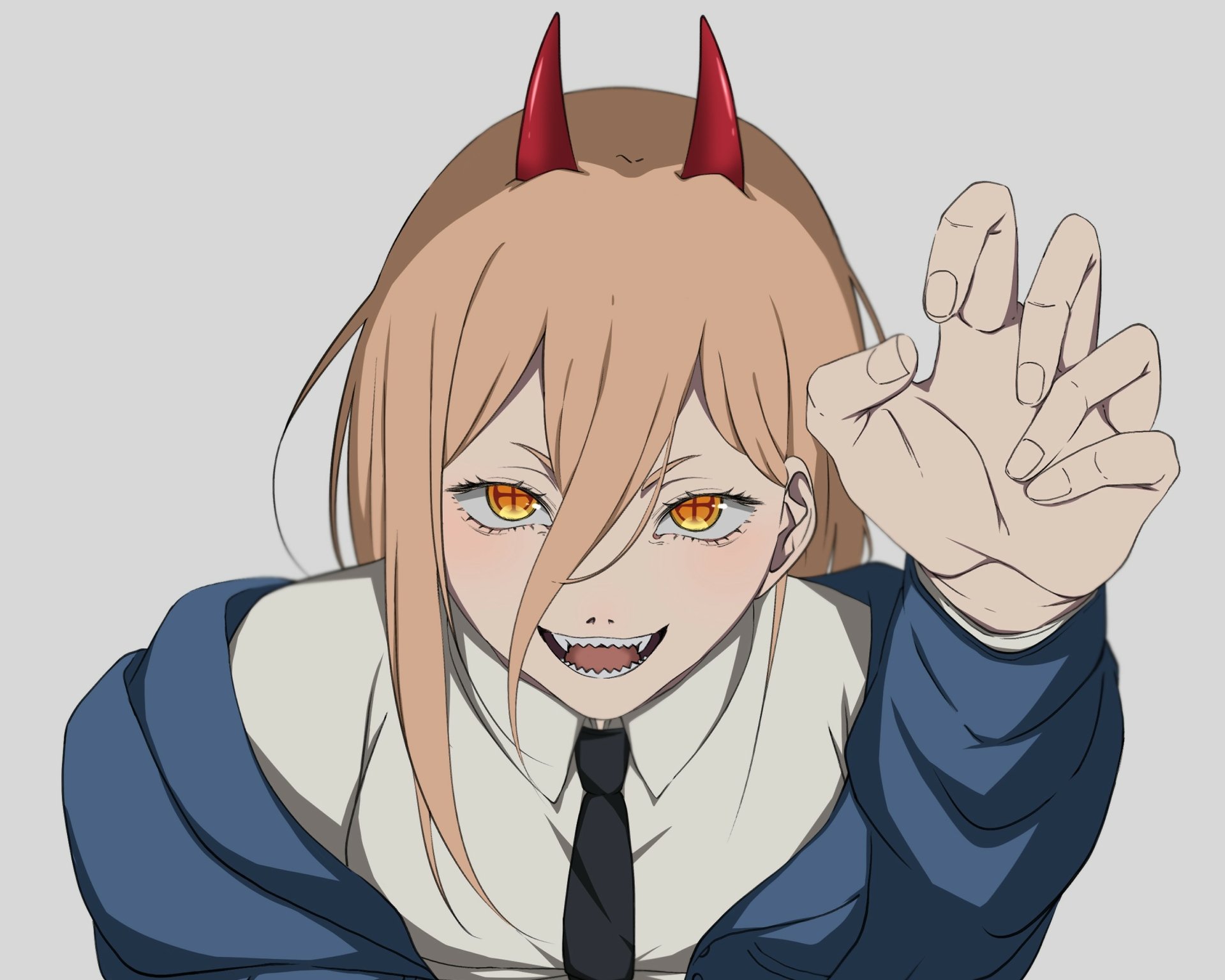 Power from Chainsaw Man anime snarling with horns and sharp teeth, reaching toward the viewer; bright orange eyes and school uniform — 2K Quad HD PC desktop wallpaper/background.