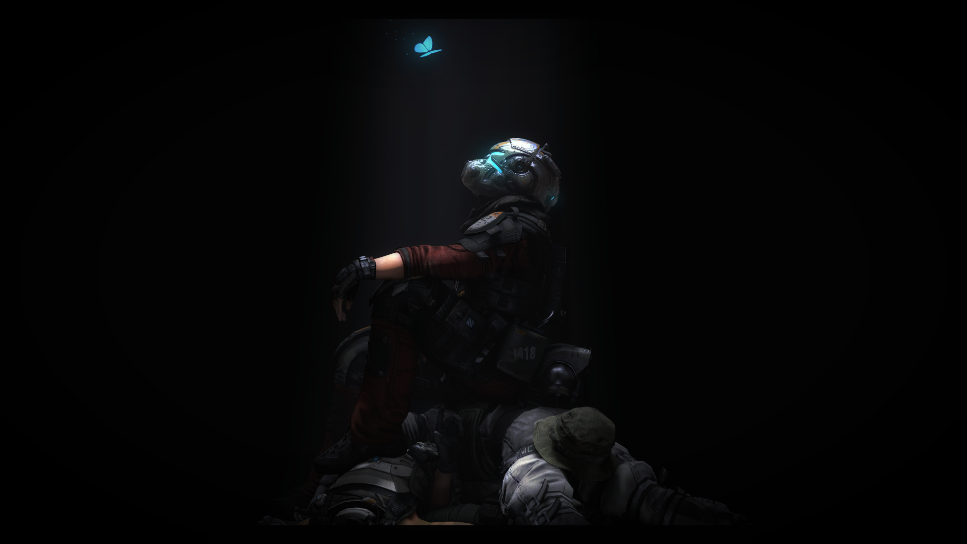 4K Ultra HD PC desktop wallpaper: a Titanfall pilot kneels in a shaft of light on a dark background, a small glowing butterfly hovering above.