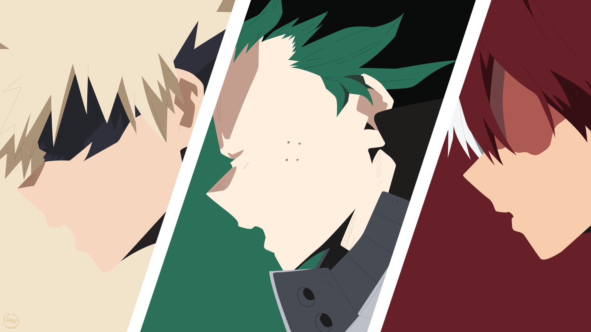 Minimalist tri-panel 4K Ultra HD My Hero Academia PC desktop wallpaper showing side profiles of Katsuki Bakugou (left), Izuku Midoriya (center), and Shoto Todoroki (right).