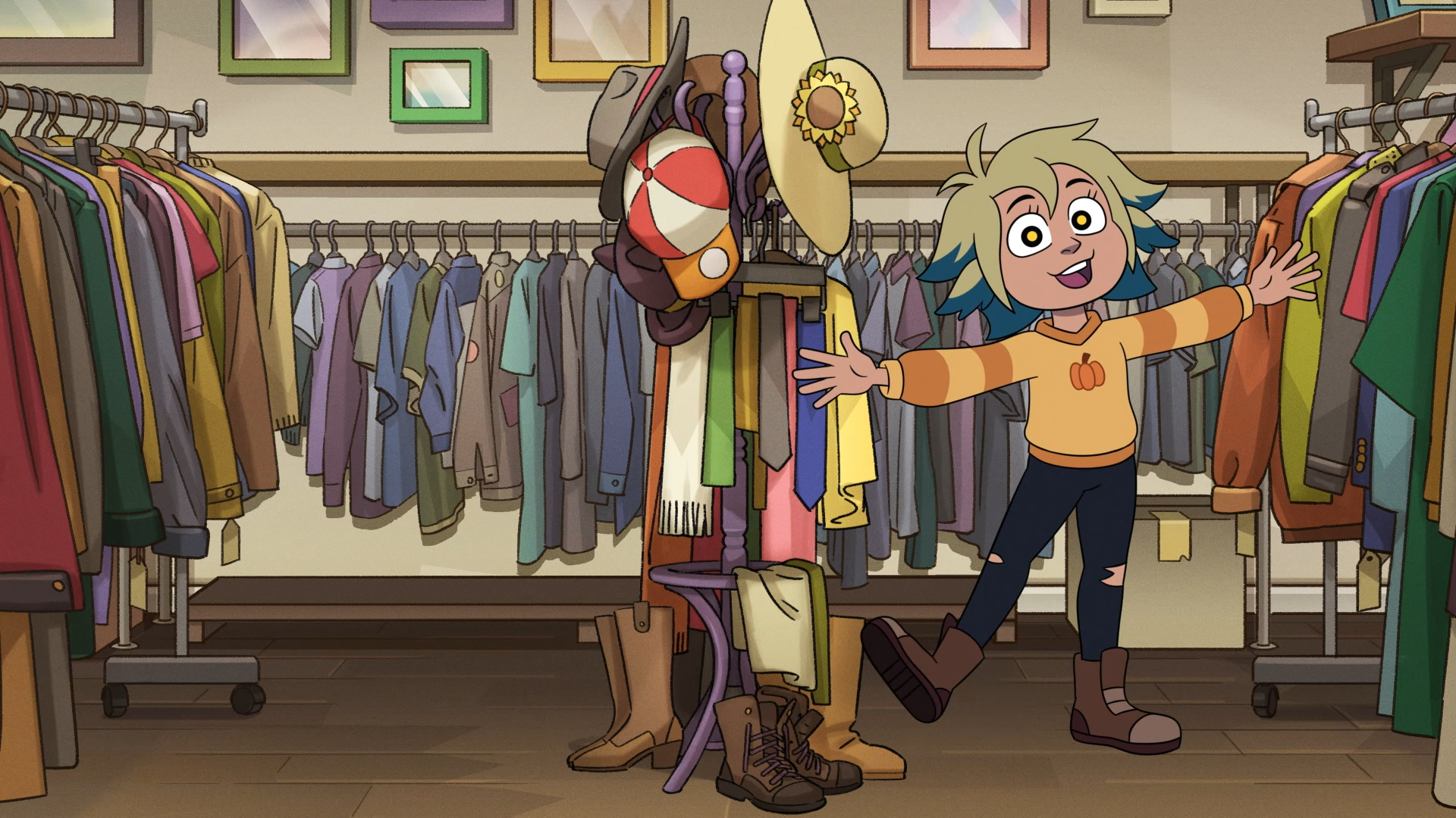 HD desktop wallpaper from the TV show The Owl House featuring a cheerful character standing in a cozy room filled with clothing racks and hats.
