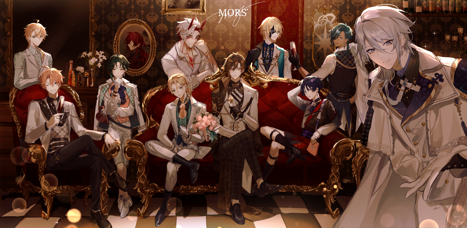HD PC desktop wallpaper featuring detailed artwork of multiple characters from the video game Genshin Impact in an elegant, vintage room setting.