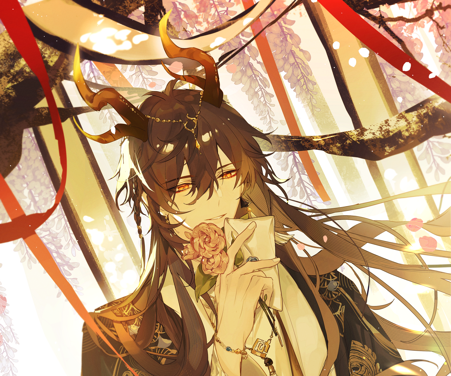 HD PC desktop wallpaper featuring Zhongli, also known as Rex Lapis, from the video game Genshin Impact, surrounded by golden light and delicate floral elements.