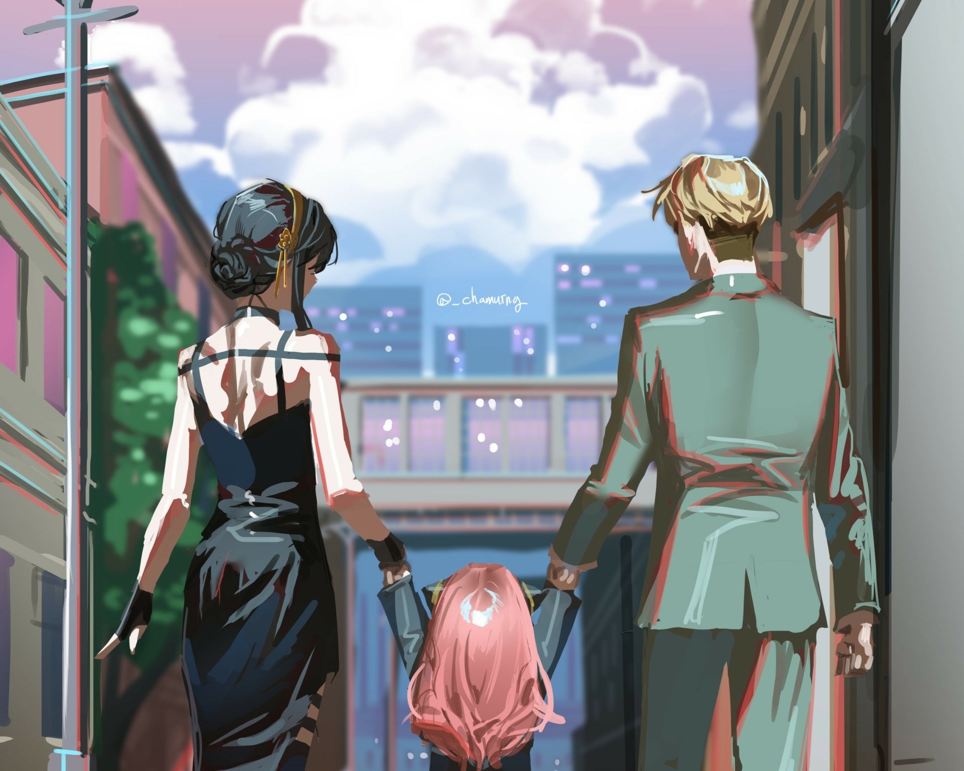 HD anime wallpaper of Loid Forger, Yor Forger, and Anya Forger from Spy x Family holding hands, viewed from behind against a cityscape backdrop.