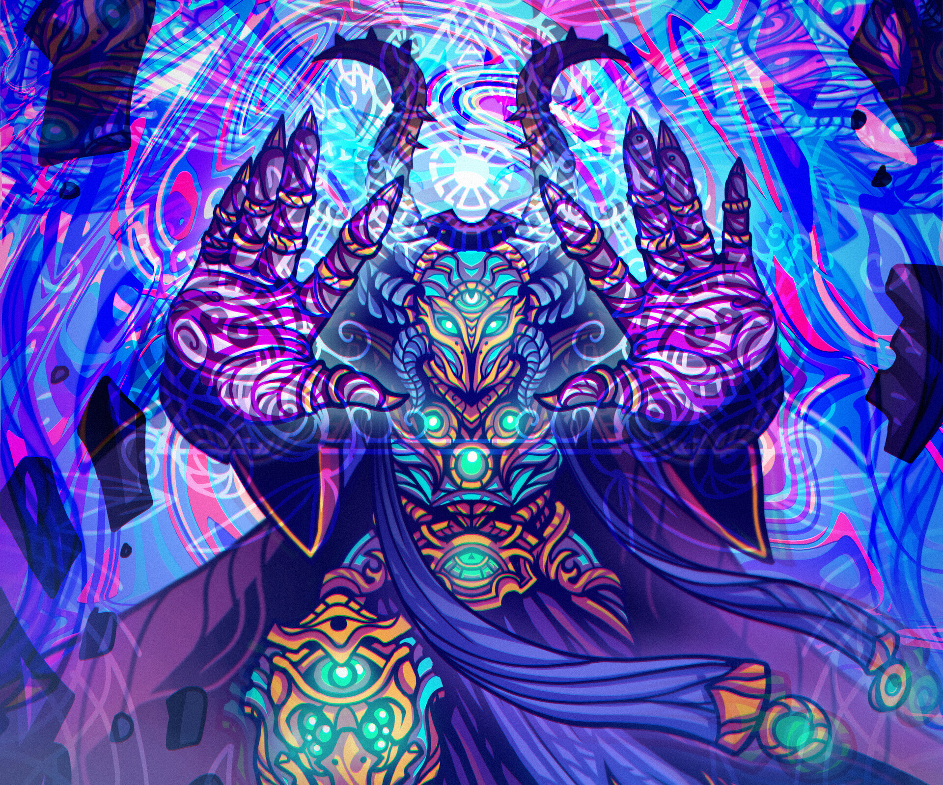 HD PC desktop wallpaper featuring a vibrant, detailed character from the Warhammer 40k video game universe, showcasing intricate patterns and glowing effects.