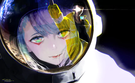 4K Ultra HD anime wallpaper featuring Lucy from Cyberpunk: Edgerunners, showcasing her detailed face inside a space helmet against a dark background.