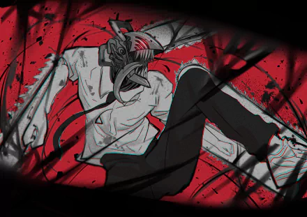 HD wallpaper of Denji from Chainsaw Man anime, featuring a dynamic pose against a red, black, and white background with striking visual effects.