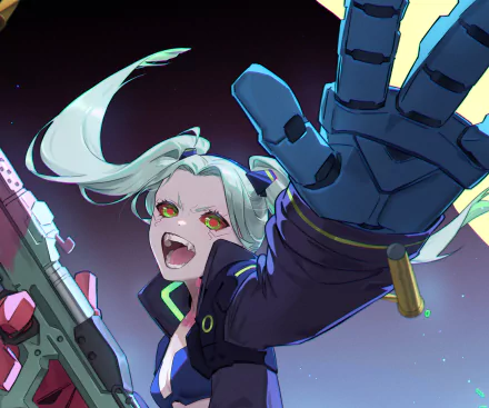 Rebecca from Cyberpunk: Edgerunners anime reaches out with a fierce expression, holding a firearm in this dynamic HD PC desktop wallpaper.