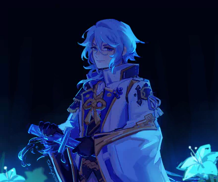 Kamisato Ayato from Genshin Impact in an HD PC desktop wallpaper: blue-lit portrait, white-and-gold outfit, hand on sword, dark background.