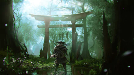 HD PC desktop wallpaper of the video game Ghost of Tsushima: lone samurai in a straw hat stands before a mossy torii gate amid a misty, green forest.