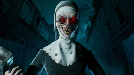HD PC desktop wallpaper from the video game Evil Nun: The Broken Mask - a grinning, torn-habit nun with glowing red eyes and jagged teeth looming in a dark, abandoned corridor.