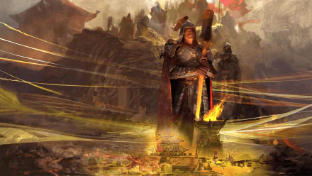 HD PC desktop wallpaper and background: Age of Empires IV video game art showing an armored commander by a burning brazier overlooking armies and banners on a smoky medieval battlefield.